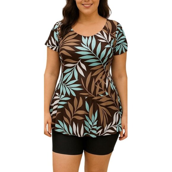 Knaspor Blue Floral Leaf Print Modest One Piece Swimdress Shorts Size 12-14 - Picture 1 of 8